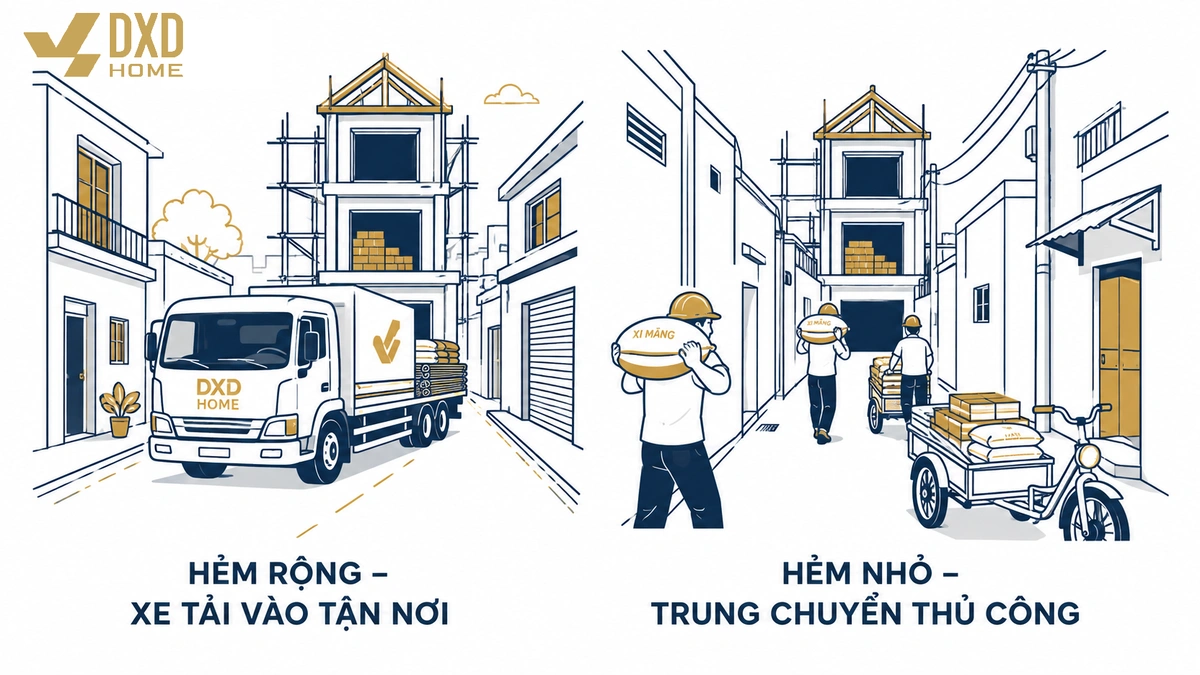 Minh họa điều kiện hẻm ảnh hưởng đến phương án vận chuyển vật tư xây dựng tại Tân Phú