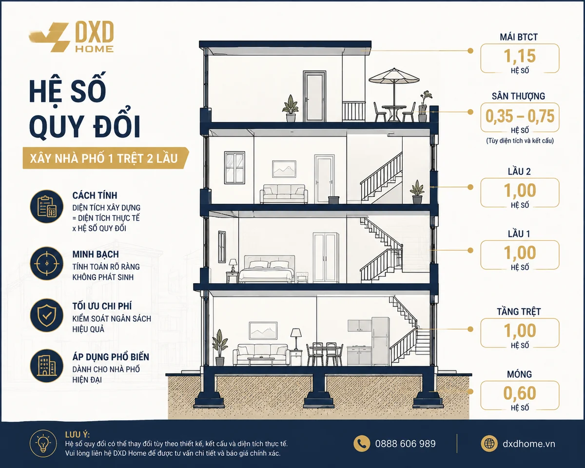 Sơ đồ 7 hệ số quy đổi diện tích xây dựng nhà phố áp dụng tại DXD Home