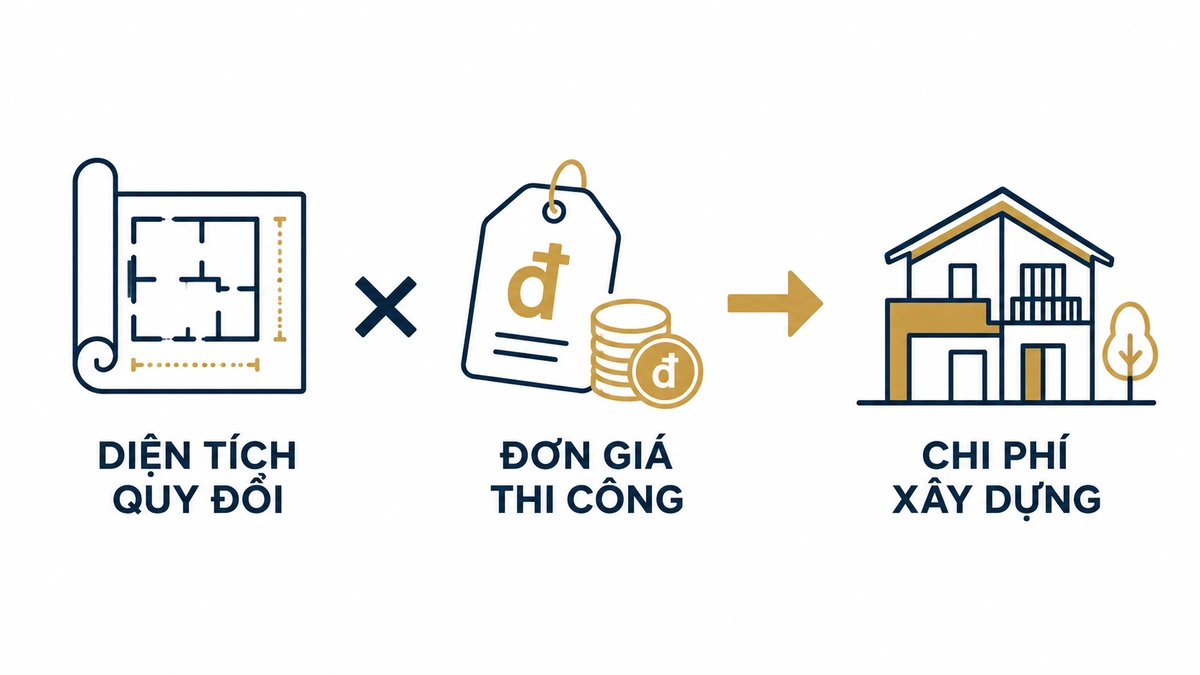 Sơ đồ công thức tính chi phí xây nhà phố tại Tân Phú theo diện tích quy đổi nhân đơn giá