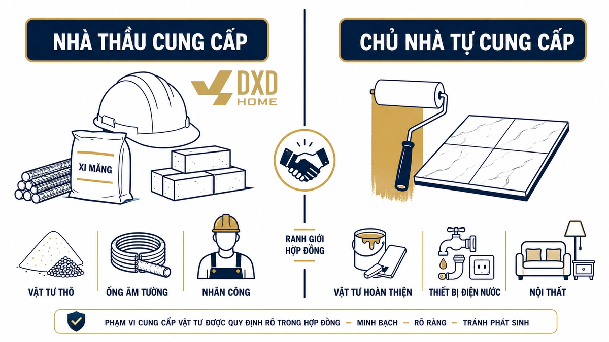 Sơ đồ phân định trách nhiệm cung cấp vật tư giữa nhà thầu và chủ nhà khi xây phần thô