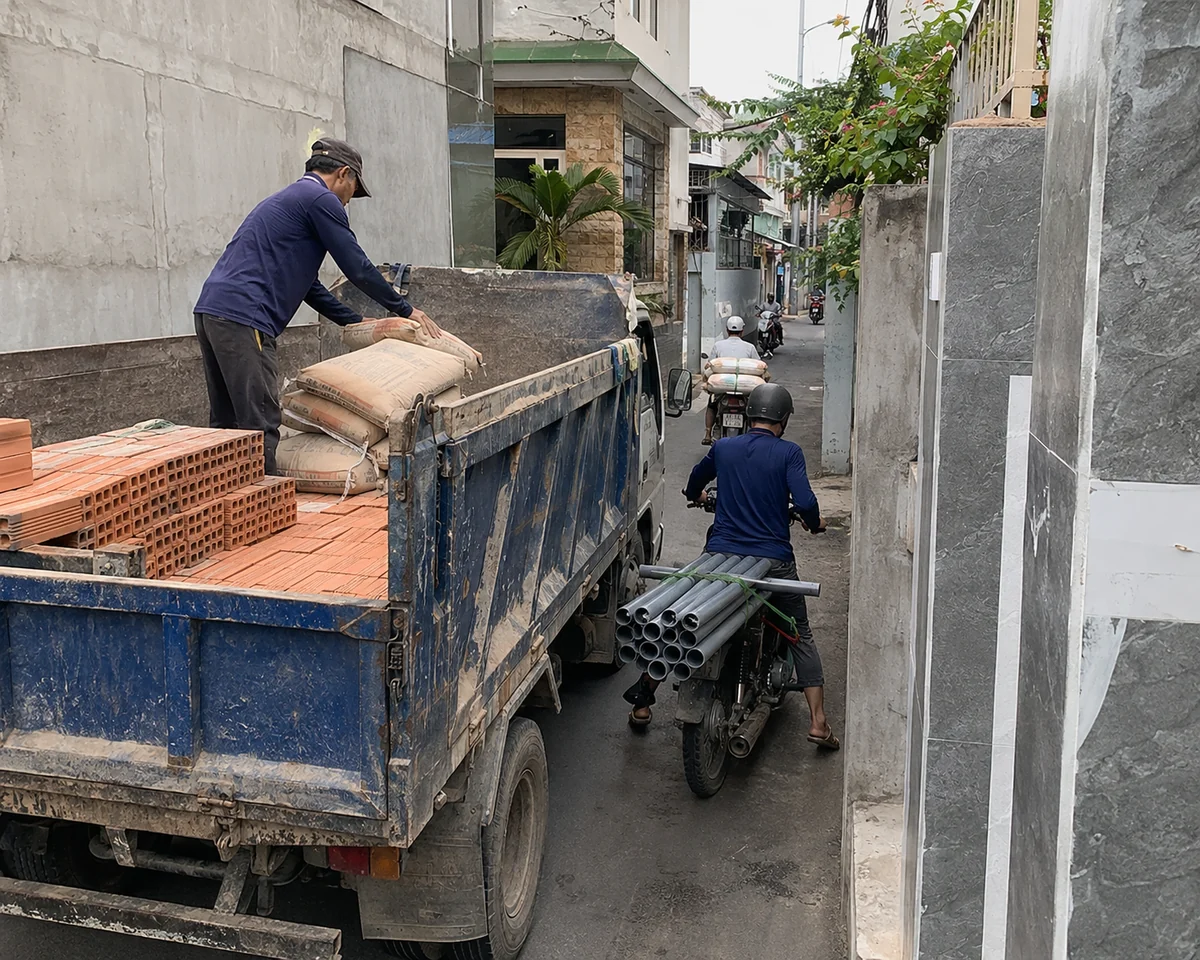Vận chuyển vật tư xây dựng bằng xe nhỏ trong hẻm tại khu vực Tân Bình